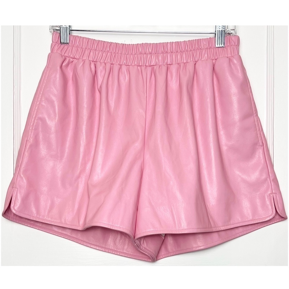 NWT FRANKIES BIKINIS Bubblegum Pink Vegan‎ Leather High Waisted Pull On Shorts M - Picture 3 of 10